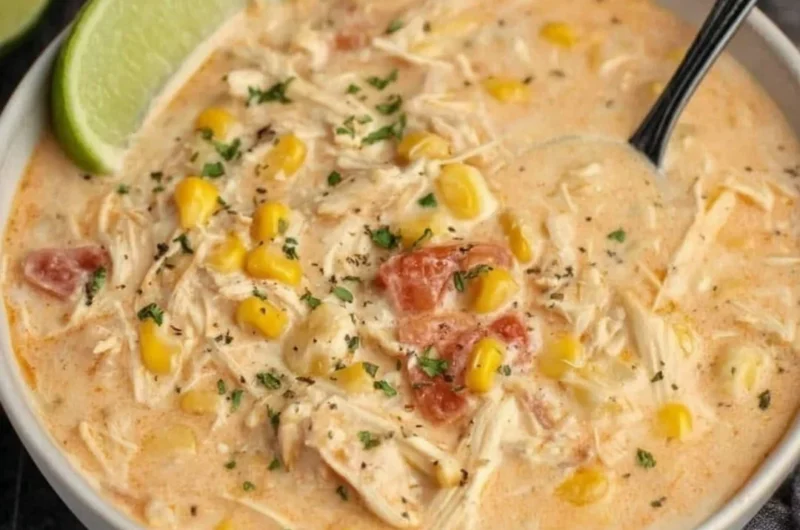 Bowl of Slow Cooker Mexican Chicken Corn Chowder topped with cilantro and lime