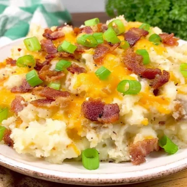 Delicious twice baked potato casserole topped with cheese and chives