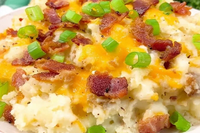 Delicious twice baked potato casserole topped with cheese and chives