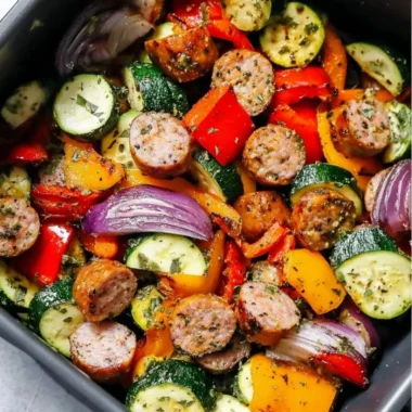 Air fryer chicken sausage with colorful veggies ready to eat