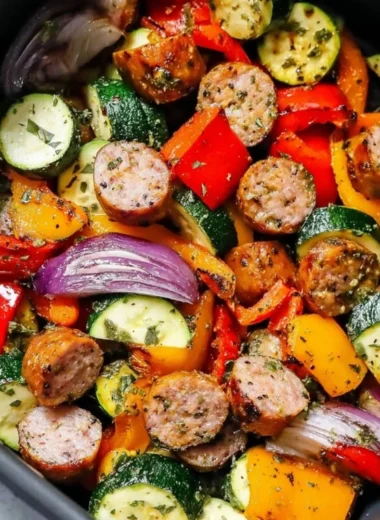 Air fryer chicken sausage with colorful veggies ready to eat