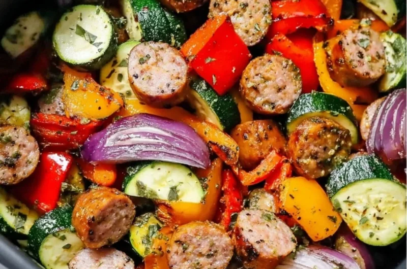 Air fryer chicken sausage with colorful veggies ready to eat