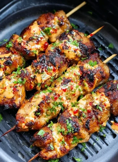 Delicious Air Fryer Bang Bang Chicken Skewers ready to serve