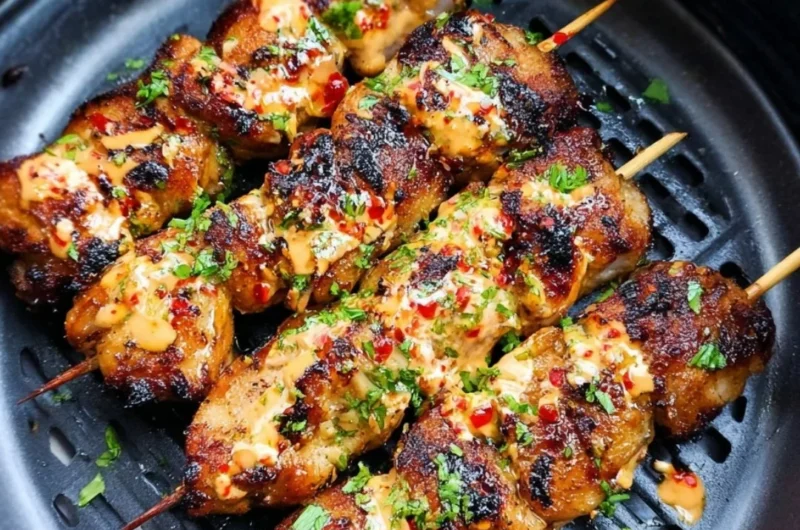 Delicious Air Fryer Bang Bang Chicken Skewers ready to serve