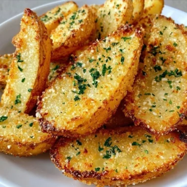 Baked garlic parmesan potato wedges on a plate garnished with herbs