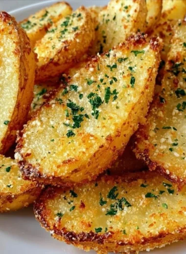 Baked garlic parmesan potato wedges on a plate garnished with herbs