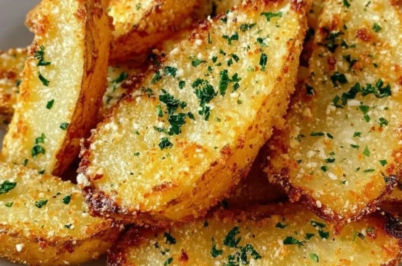 Baked garlic parmesan potato wedges on a plate garnished with herbs