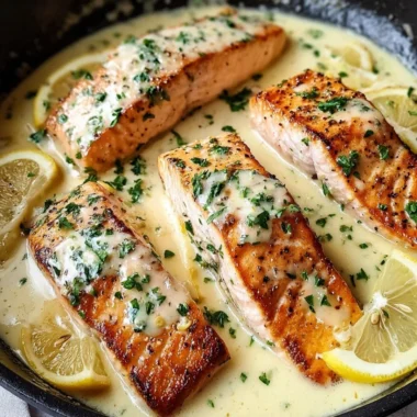 Baked salmon with lemon butter cream sauce on a plate garnished with herbs