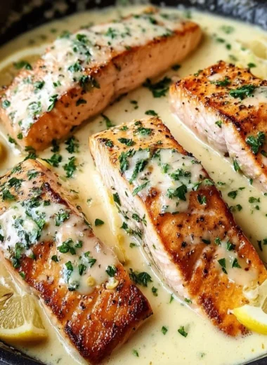 Baked salmon with lemon butter cream sauce on a plate garnished with herbs