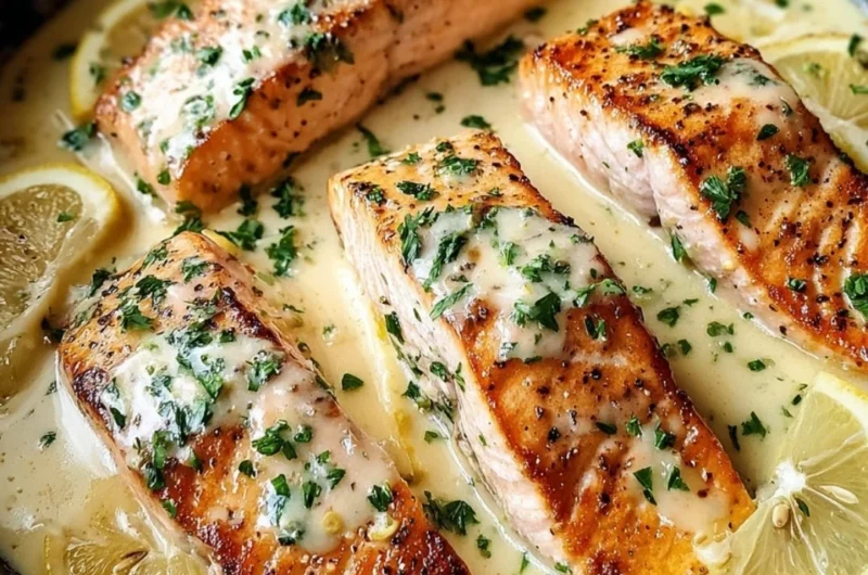 Baked salmon with lemon butter cream sauce on a plate garnished with herbs