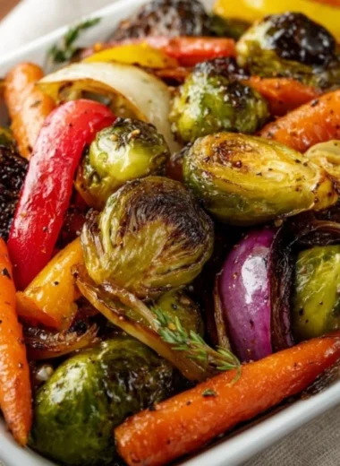 Balsamic glazed roasted vegetables on a serving platter