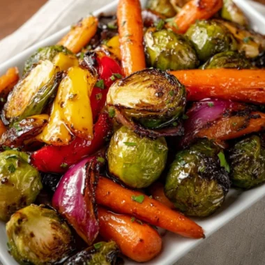 Balsamic glazed roasted vegetables with vibrant colors and appetizing texture