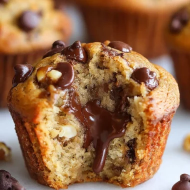 Freshly baked banana chocolate chip muffins on a rustic table