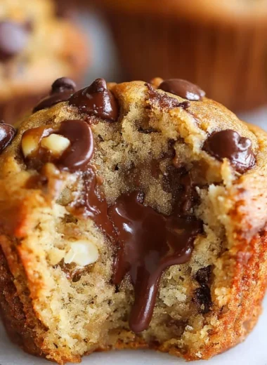 Freshly baked banana chocolate chip muffins on a rustic table