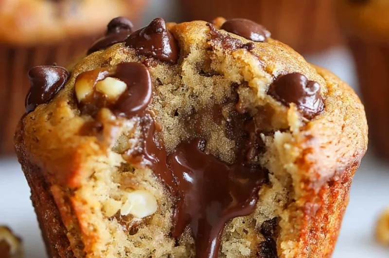 Freshly baked banana chocolate chip muffins on a rustic table