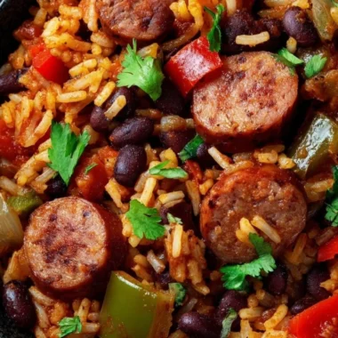 Plate of black beans and rice with sausage, garnished with herbs