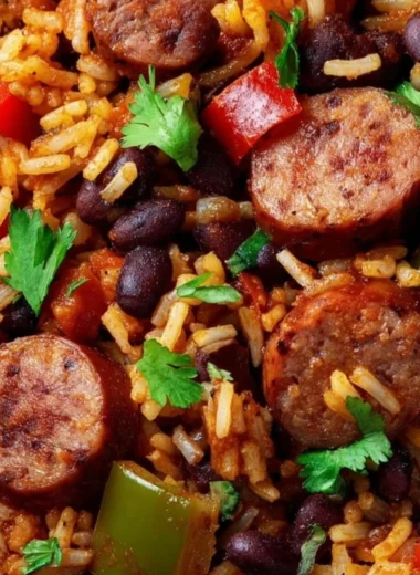 Plate of black beans and rice with sausage, garnished with herbs