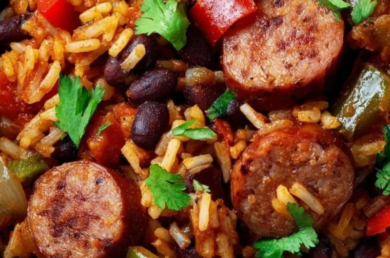 Plate of black beans and rice with sausage, garnished with herbs