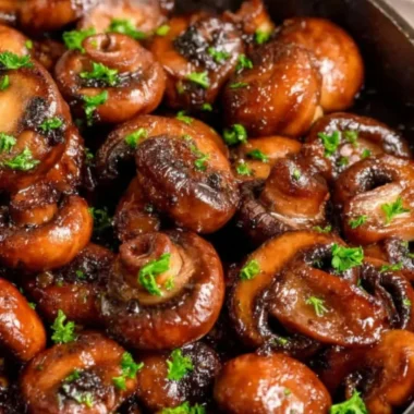 Delicious buttery sauteed mushrooms served in a skillet