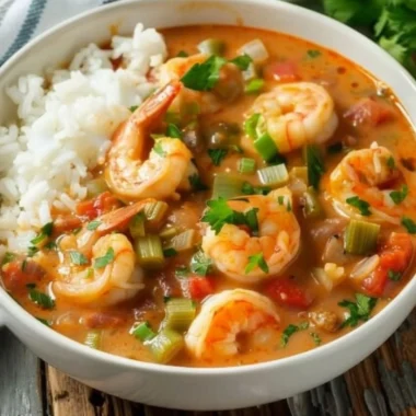 Delicious Cajun shrimp etouffee served in a bowl.