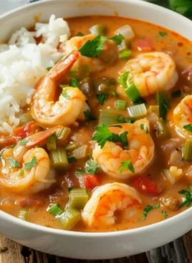 Delicious Cajun shrimp etouffee served in a bowl.