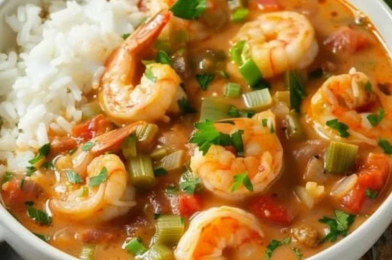 Delicious Cajun shrimp etouffee served in a bowl.