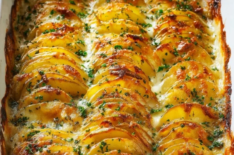 Delicious cheesy easy scalloped potatoes baked to perfection