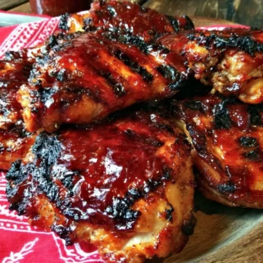 Delicious Cherry Dr Pepper BBQ chicken ready to serve on a grill platter.