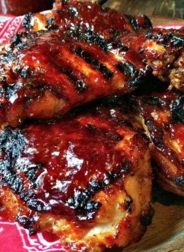 Delicious Cherry Dr Pepper BBQ chicken ready to serve on a grill platter.