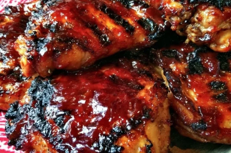 Delicious Cherry Dr Pepper BBQ chicken ready to serve on a grill platter.