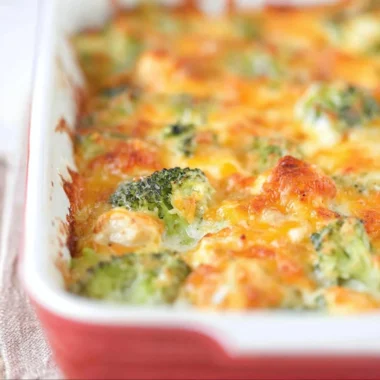 Chicken Broccoli Bake presented in a casserole dish, garnished with cheese
