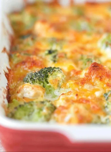 Chicken Broccoli Bake presented in a casserole dish, garnished with cheese