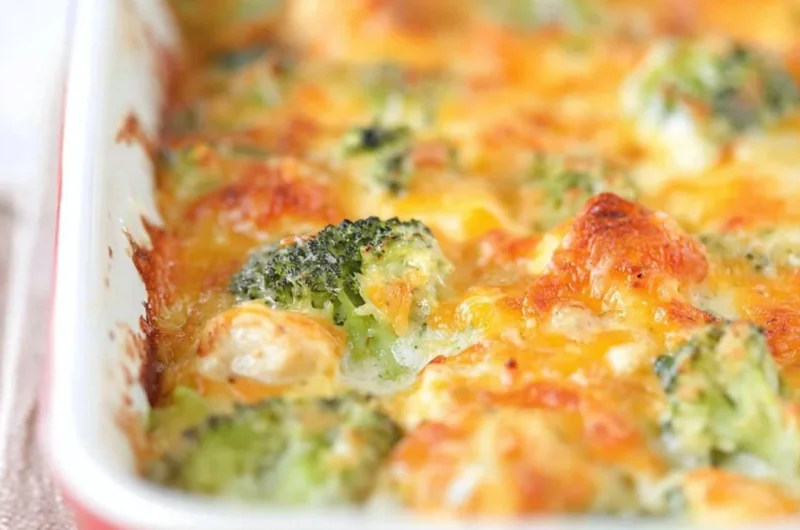 Chicken Broccoli Bake presented in a casserole dish, garnished with cheese