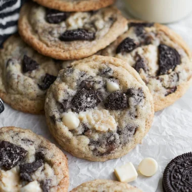 Freshly baked Cookies and Cream Cookies with chocolate and cream topping
