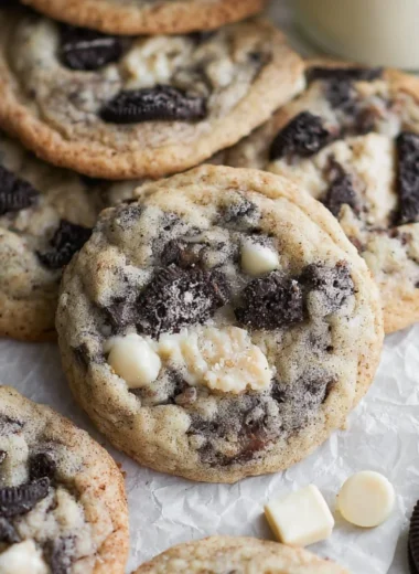 Freshly baked Cookies and Cream Cookies with chocolate and cream topping