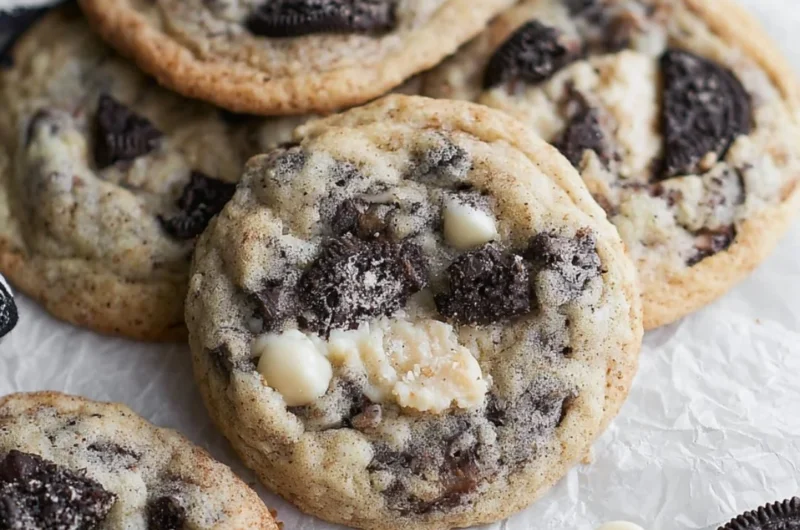 Freshly baked Cookies and Cream Cookies with chocolate and cream topping