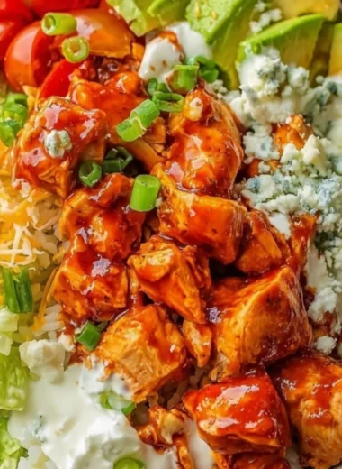 Delicious Buffalo Chicken Bowl topped with fresh ingredients