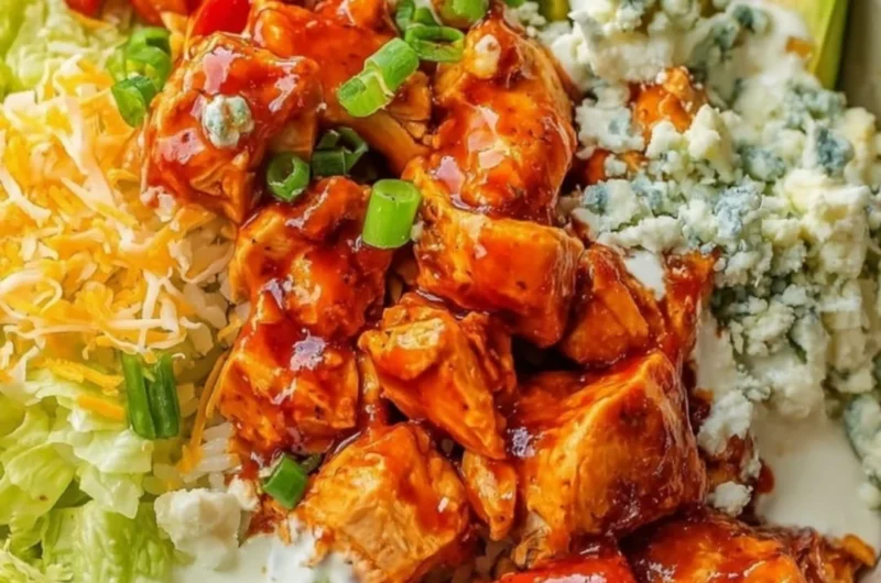 Delicious Buffalo Chicken Bowl topped with fresh ingredients