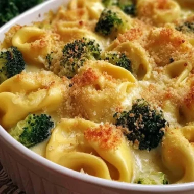 Creamy cheesy tortellini bake with broccoli in a baking dish