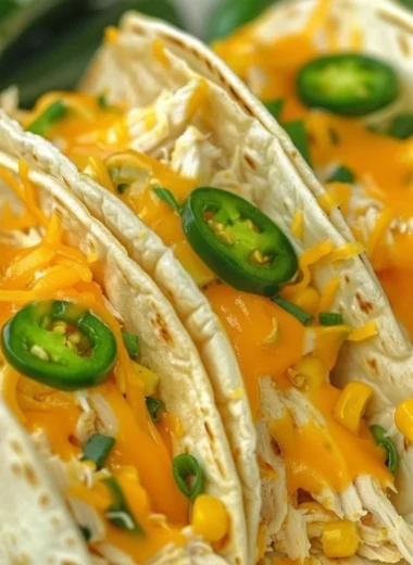Serving of creamy chicken tacos topped with fresh ingredients