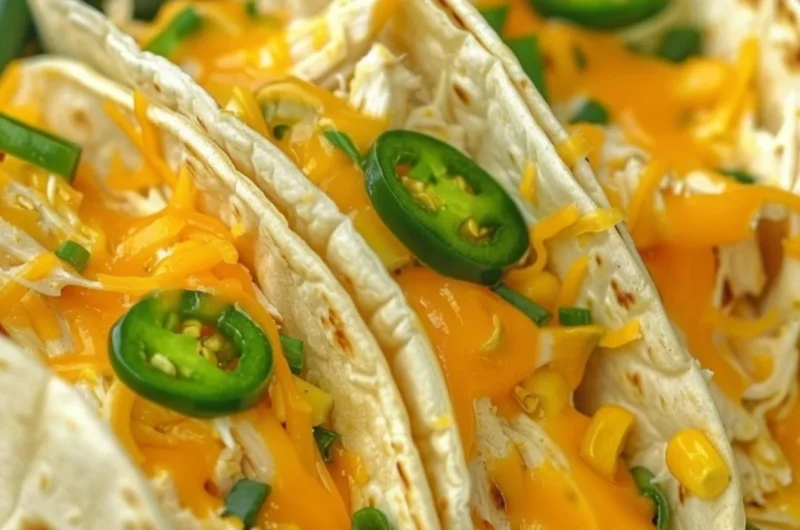 Serving of creamy chicken tacos topped with fresh ingredients