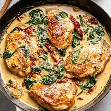 Creamy Tuscan chicken served with spinach and sun-dried tomatoes