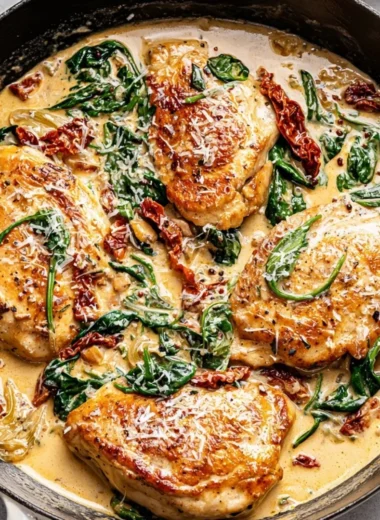 Creamy Tuscan chicken served with spinach and sun-dried tomatoes