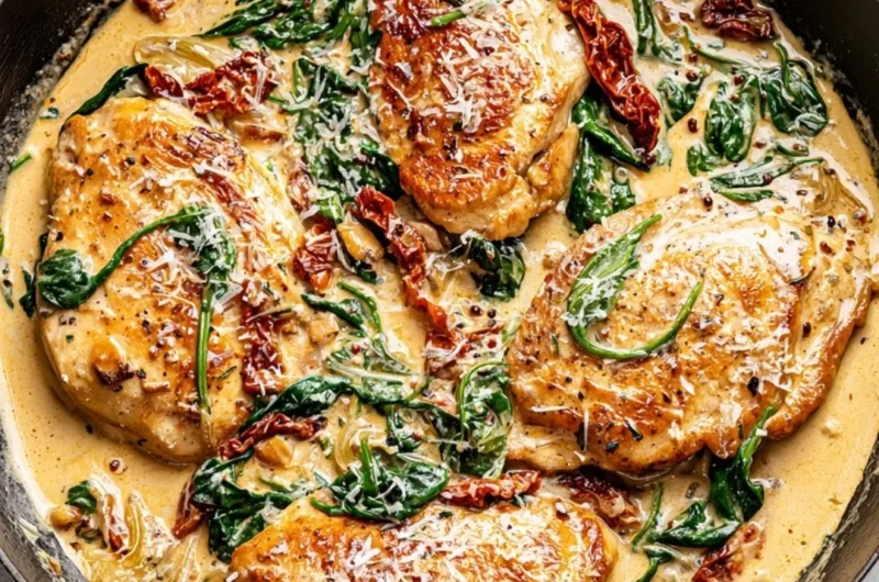 Creamy Tuscan chicken served with spinach and sun-dried tomatoes