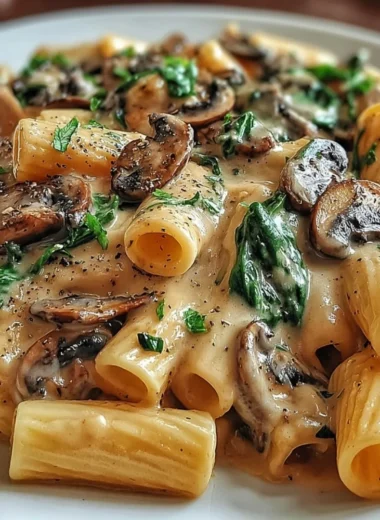 Creamy Tuscan mushroom pasta skillet with fresh herbs and cheese