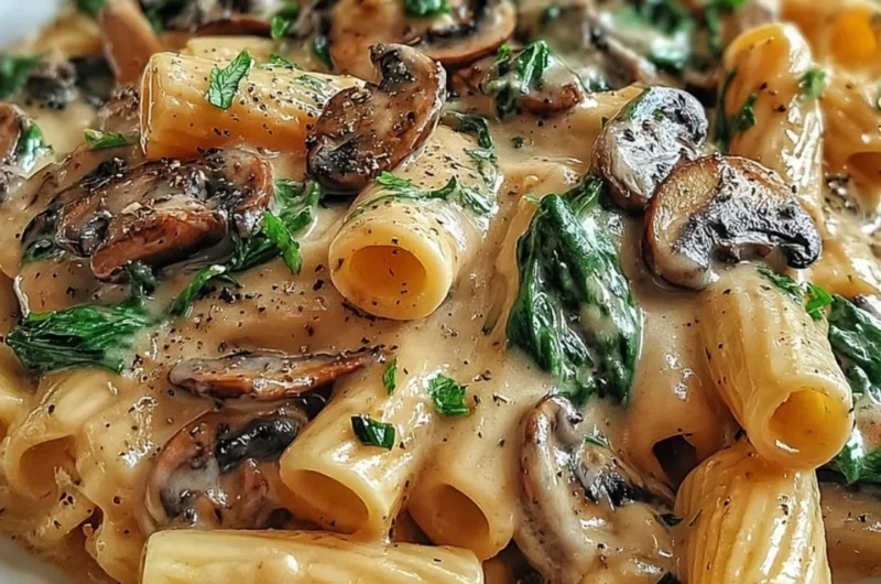 Creamy Tuscan mushroom pasta skillet with fresh herbs and cheese
