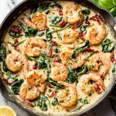 A delicious plate of creamy Tuscan shrimp garnished with herbs and served with pasta.