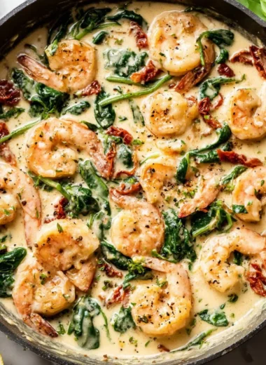 A delicious plate of creamy Tuscan shrimp garnished with herbs and served with pasta.
