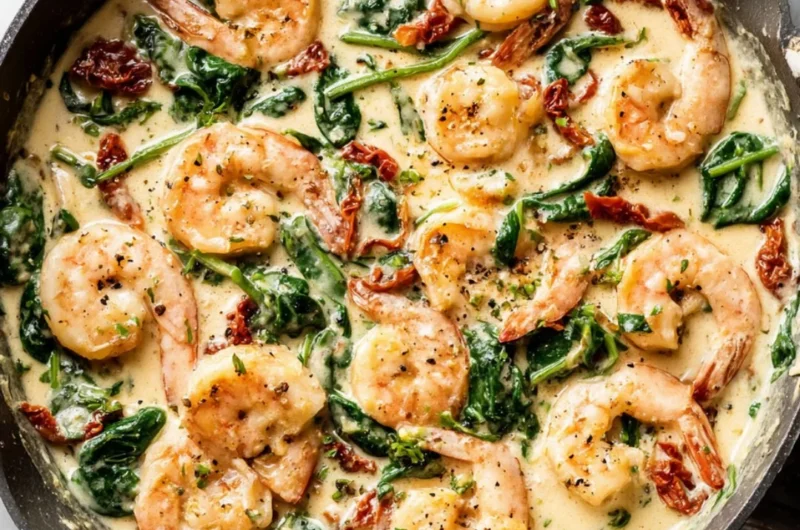 A delicious plate of creamy Tuscan shrimp garnished with herbs and served with pasta.