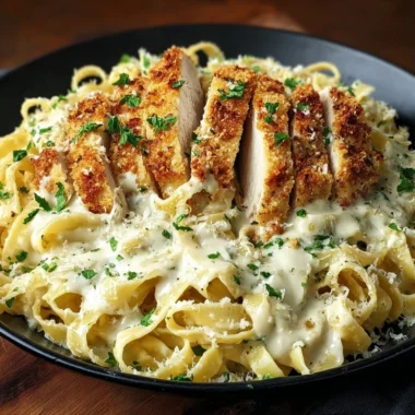 Crispy Chicken Fettuccine Alfredo with golden chicken and creamy sauce on a plate